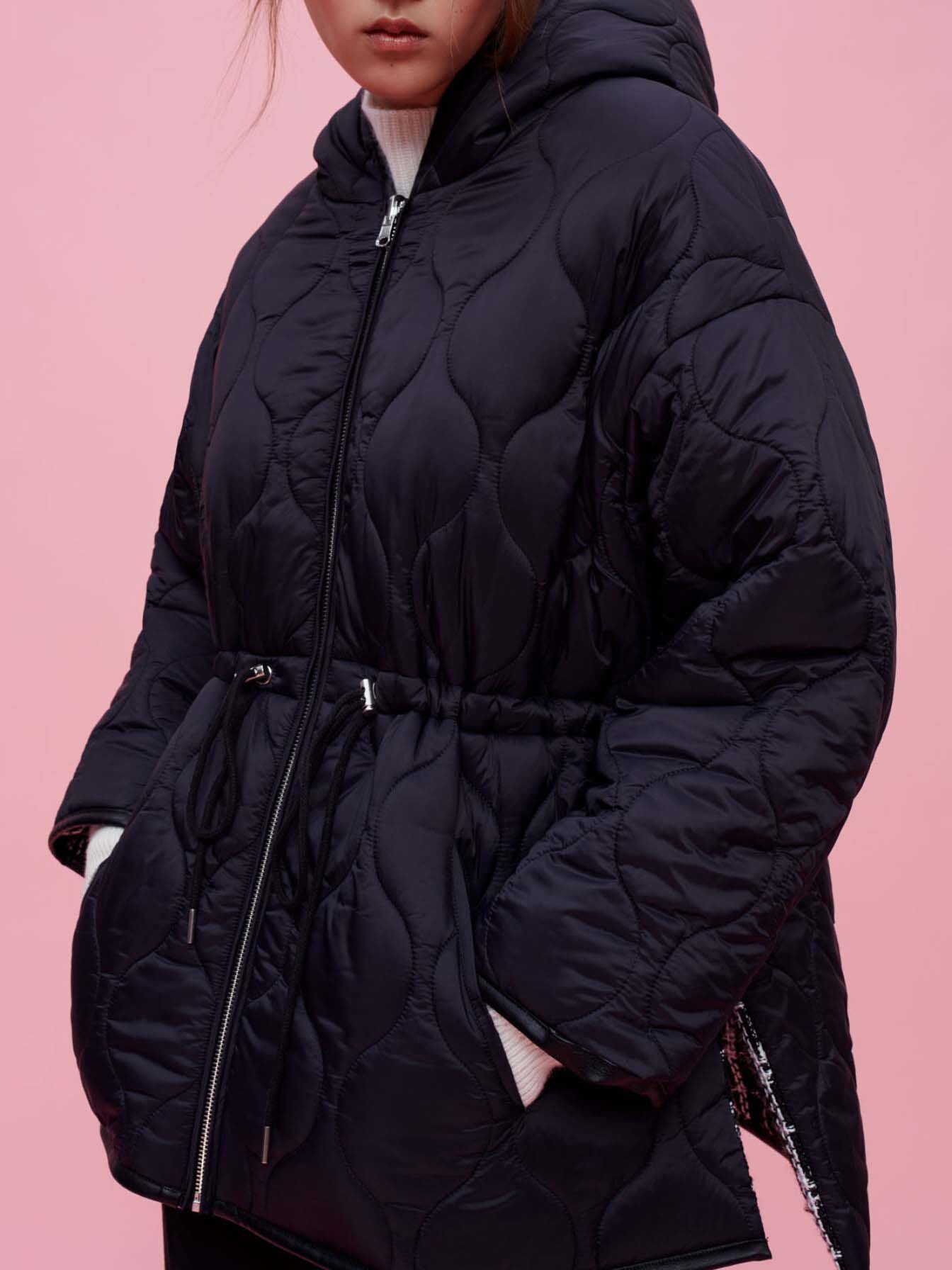 Jachetă reversibilă din puf de tweed cu glugă - Negru