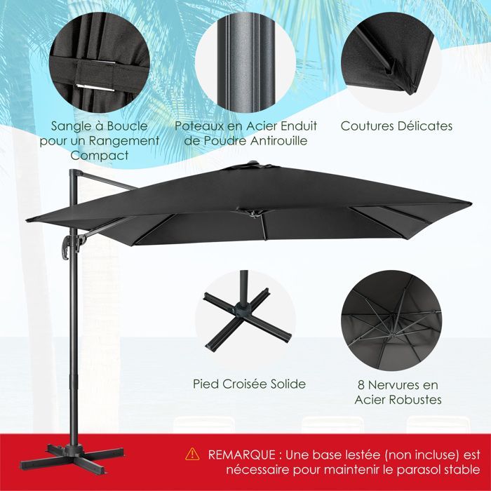 COSTWAY Parasol Déporté Pliable Ø3M avec Base Croisée-Rotation à 360°, 3 Réglages d'Inclinaison-Event pour Jardin et Terrasse, Noir