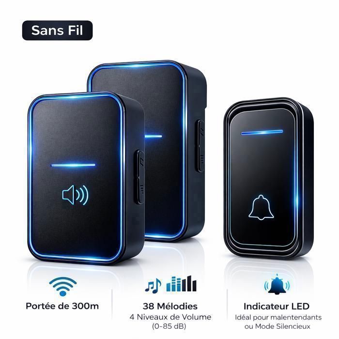 Timbre inalámbrico, 1 transmisor y 2 receptores enchufables, alcance de 300 m, 38 melodías, 4 niveles de volumen, luz LED intermitente, color negro.