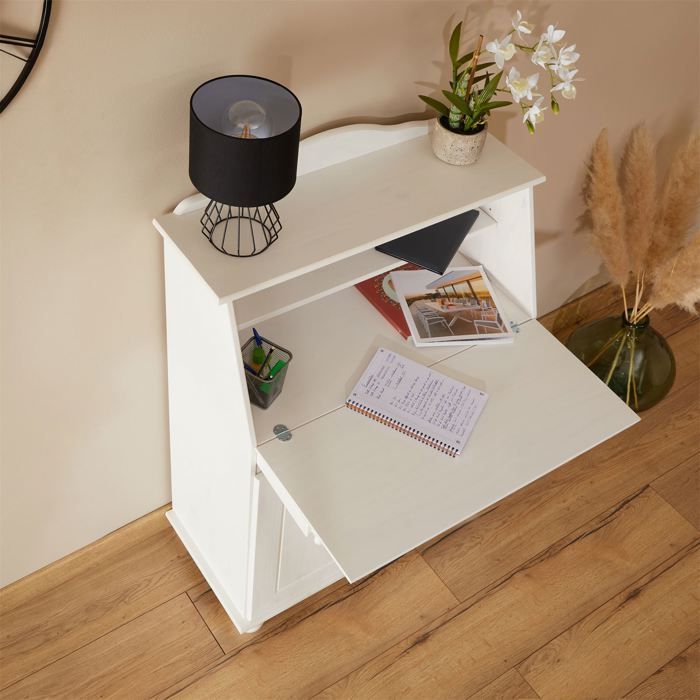 DAVID secretary desk with drop-front storage, multiple shelves, 2 doors and fold-down worktop in solid white-stained pine