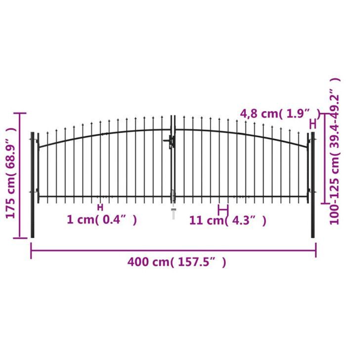 Puerta doble - vidaXL - 400 x 175 cm - Acero negro - Batiente - Manual
