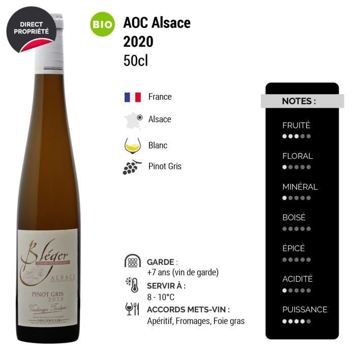 Pinot Gris de Alsacia, Vendimia Tardía, Vino Blanco Dulce 2020 - Ecológico - Caja de 3 botellas de 50 cl - Domaine Claude et Christophe Bléger - Vino AOC