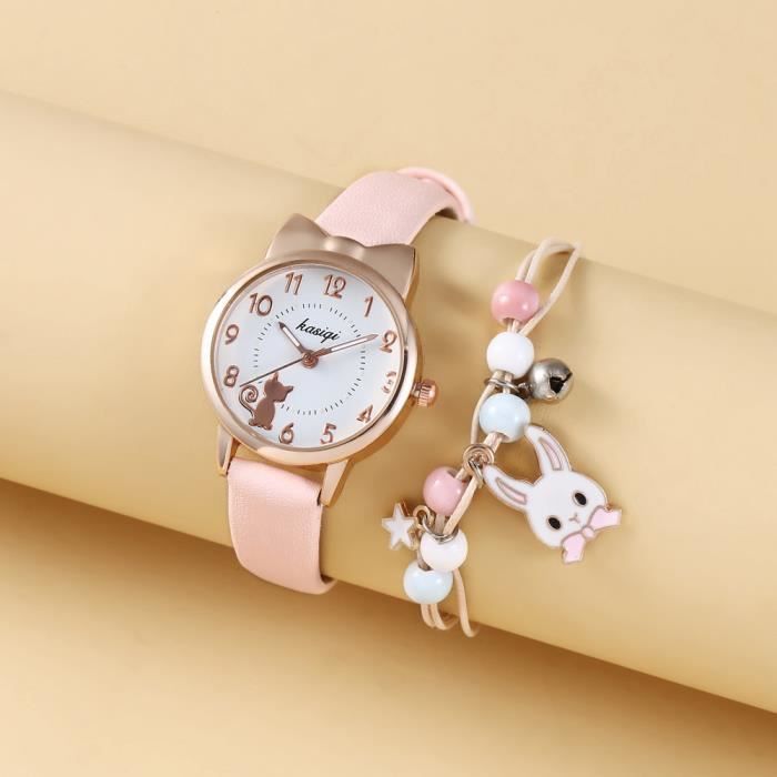 Conjunto de regalo SHARPHY para niñas: reloj de cuarzo, correa de piel con diseño de gato, resistente al agua, bonito y moderno color rosa.