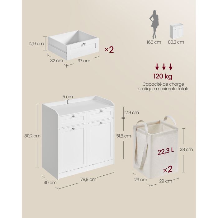 Bathroom cabinet with removable inner bag and handles, 2 drawers and 2 laundry baskets, 40 x 78.9 x 80.2 cm, White