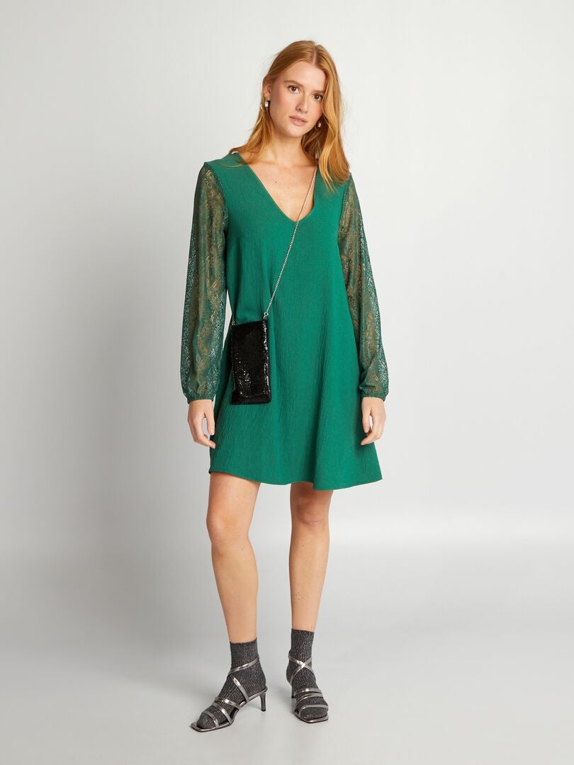Vestido corto de crepé y encaje - VERDE