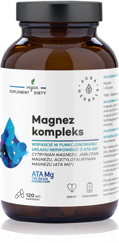 As cápsulas do suplemento alimentar Aura Herbals Magnesium Complex ATA Mg auxiliam no bom funcionamento do sistema nervoso, músculos e dentes, reduzindo os níveis de fadiga.