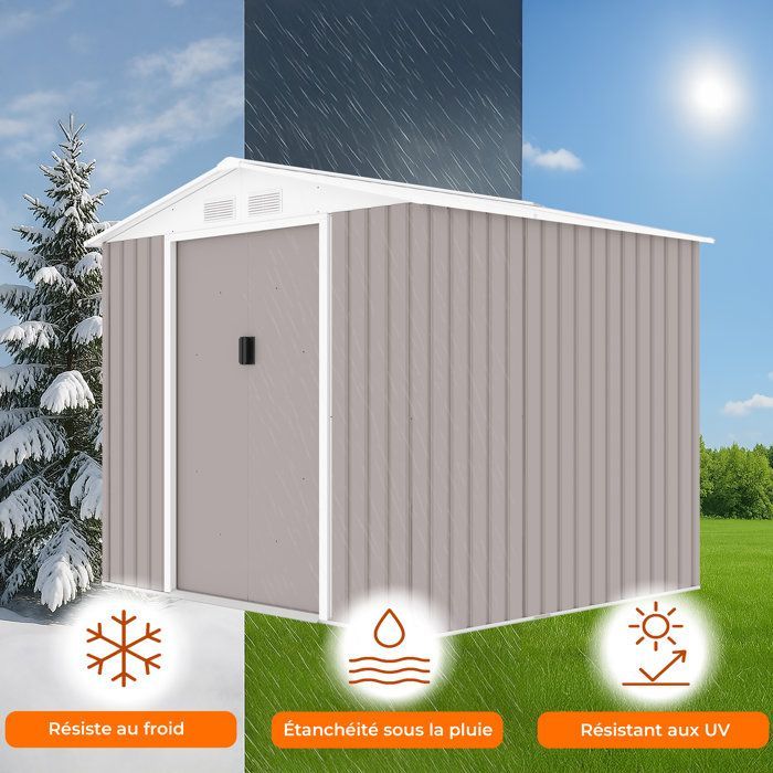 Abri de jardin en métal 4,07 m² - 213 x 191 x 195 cm - MARS -Kit d'ancrage inclus, 2 portes coulissantes - Taupe