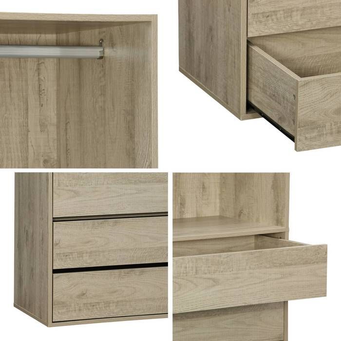 Roupeiro com 4 gavetas e 1 varão para pendurar roupa, em painéis laminados na cor natural.