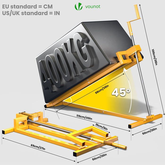 Cric sollevatore per trattorino rasaerba VOUNOT®, portata massima 400 kg - telescopico, lunghezza da 78 a 98 cm - altezza fino a 60 cm - giallo