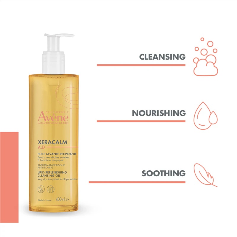 Avène XeraCalm AD lipīdus atjaunojošā tīrīšanas eļļa ir lipīdus atjaunojoša tīrīšanas eļļa sausai un atopiskai ādai.