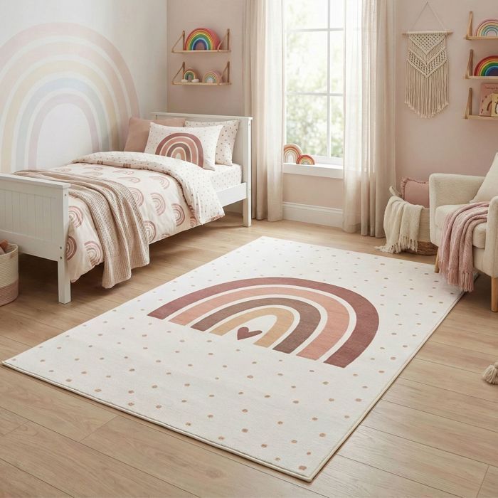 Tappeto per bambini Carpetsale24 120x170 cm con motivo a cuori color crema e arcobaleno, ideale come morbido tappeto decorativo per la cameretta dei bambini.