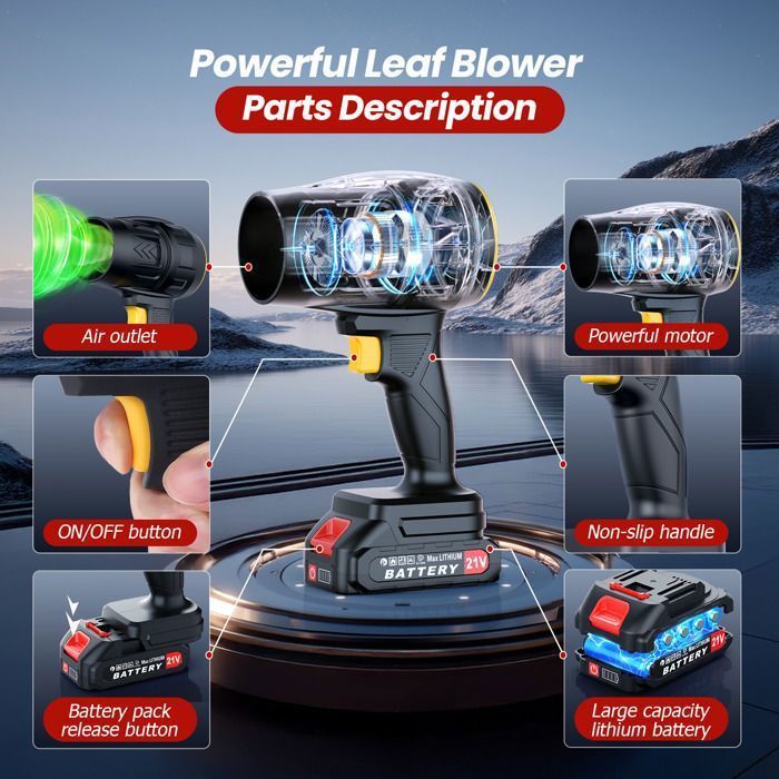 Soplador eléctrico turbo inalámbrico TANBABY de 40000 RPM - Soplador de polvo/nieve/hojas con 2 baterías de 2.0 mAh
