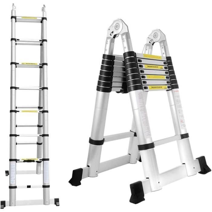 5m telescopic ladder, 2.5m + 2.5m portable extension folding ladder in stainless steel, 150kg load capacity