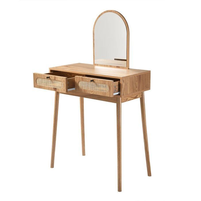 CALICOSY - Coiffeuse avec miroir et 2 tiroirs façades rotin L80 cm ALIA - Bois clair