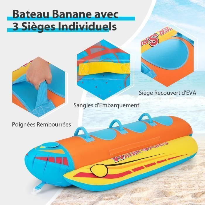 Tubo remolcable COSTWAY para 3 personas - Asas acolchadas de EVA - 3 cámaras de aire - Puerto de drenaje - Conexión rápida - Navegación