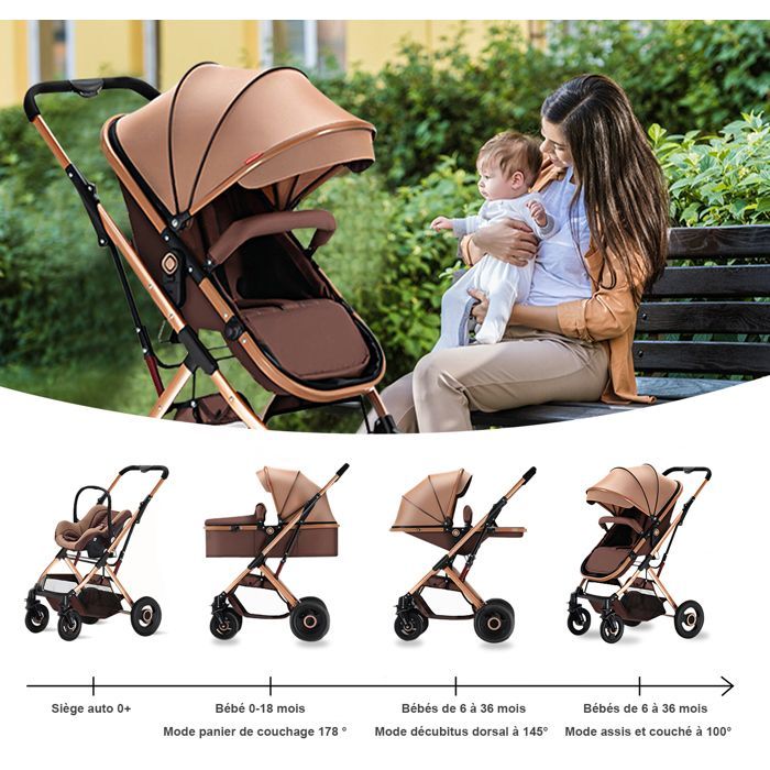 Cochecito de bebé KITYTETY 3 en 1 - Con capazo/silla de coche 0+/cochecito reversible - Hasta 20 kg - Desde el nacimiento - Caqui