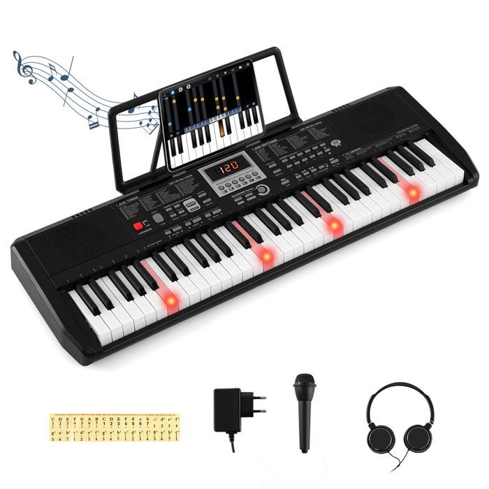 Teclado electrónico portátil COSTWAY de 61 teclas con iluminación - Función SPLIT - Pegatinas - 2 modos de alimentación - Micrófono y auriculares