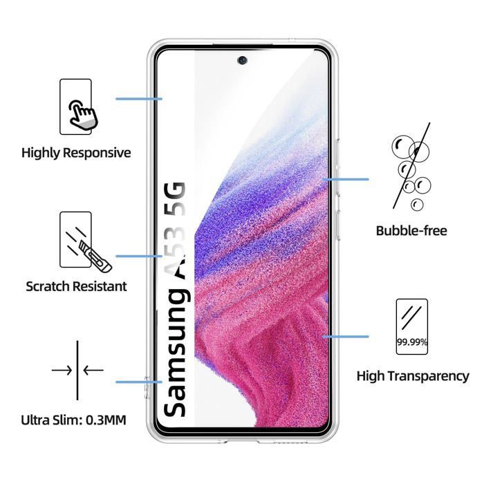 Hochtransparente TPU-Gel-Silikonhülle für Samsung Galaxy A53 5G und 2 Displayschutzfolien aus gehärtetem Glas
