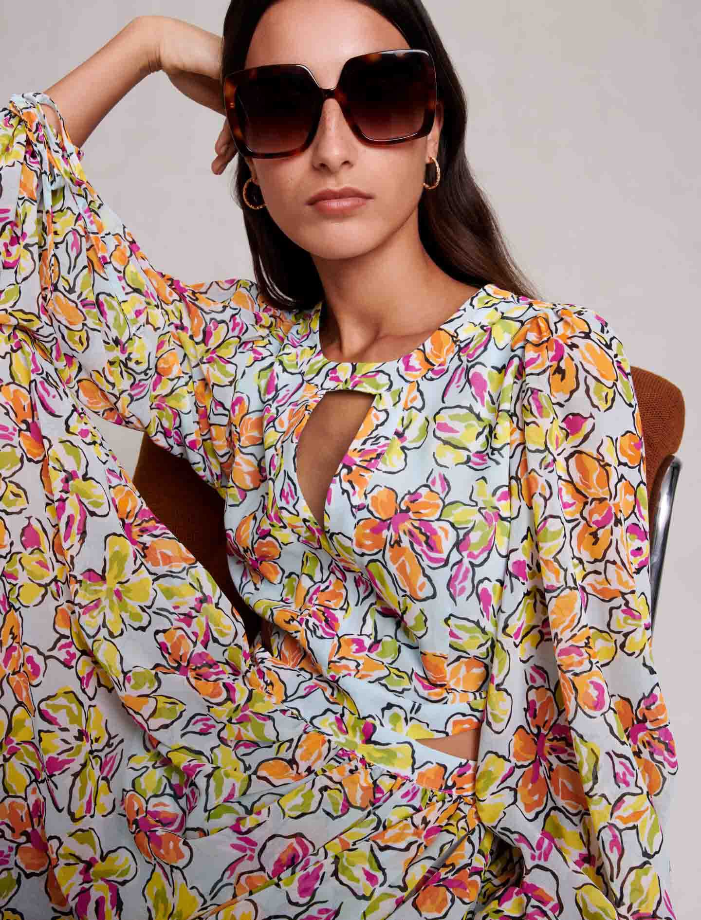 Rochie lungă plisată cu imprimeu - Hibiscus portocaliu / albastru