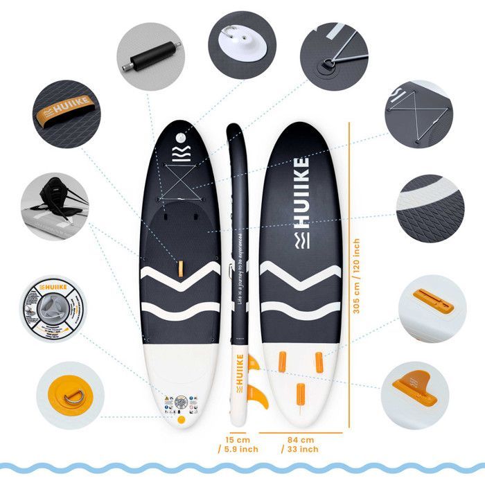 Paddle Gonflable Adulte Noir avec des Accessoires de Qualité - HUIIKE | Stand Up Paddle avec Pagaie en Aluminium, Pompe, Leash