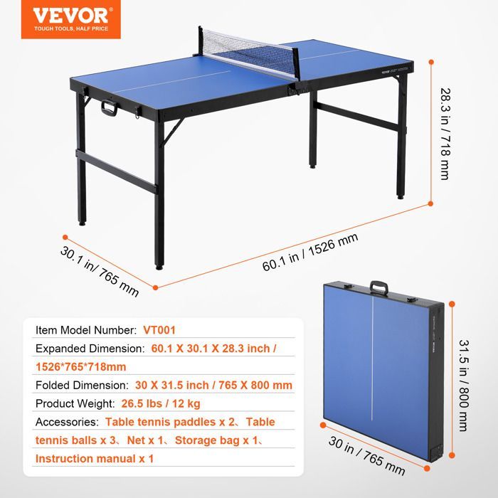 Mesa de pingue-pongue - VEVOR - Mesa de tênis de mesa dobrável e portátil para uso interno em MDF - com rede, 2 raquetes e bolsa de transporte.
