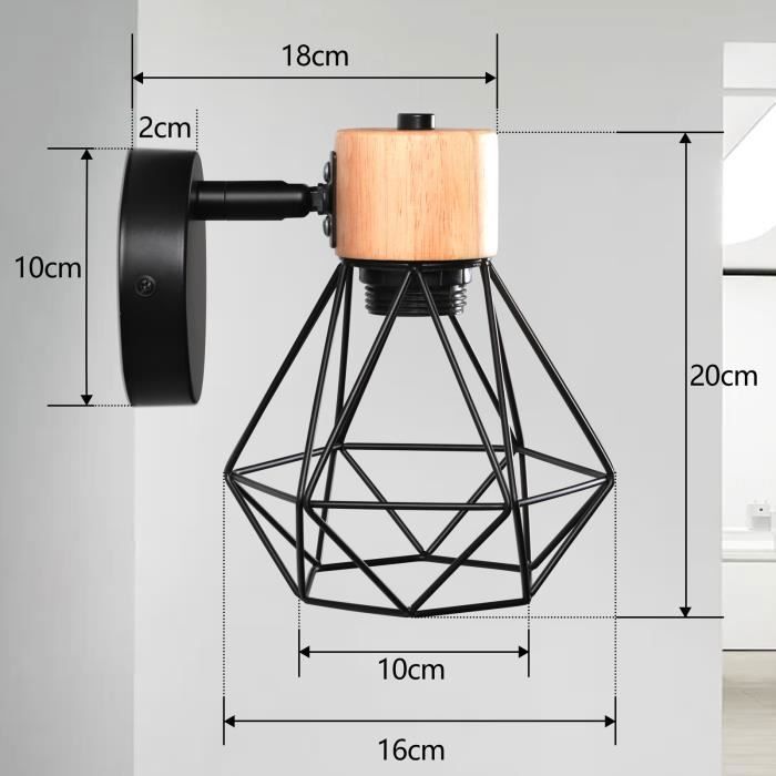 Conjunto de 2 arandelas industriais de parede para interiores TOKIUS, com design em gaiola de metal e madeira, estilo retrô, soquete E27, ideais para quarto, corredor e sala de estar, na cor preta.