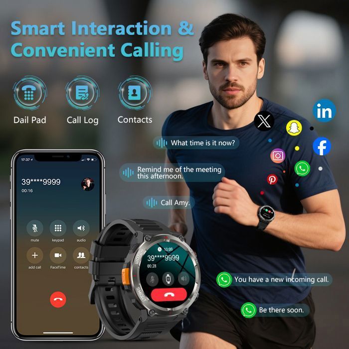Smartwatch für Damen und Herren mit 1,45-Zoll-HD-Display, LED-Taschenlampe, 960-mAh-Akku, Bluetooth-Anruffunktion, IP68-Wasserschutz, über 110 Sport-Tracking-Funktionen, für Android und iOS