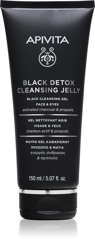 Gel de limpeza Apivita Cleansing Black Detox com carvão ativado para o rosto e área dos olhos.