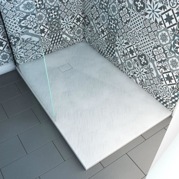 Plato de ducha de resina SMC con efecto piedra - AURLANE - Blanco - 90 x 140 cm - Pendiente de diamante - 40 mm de espesor