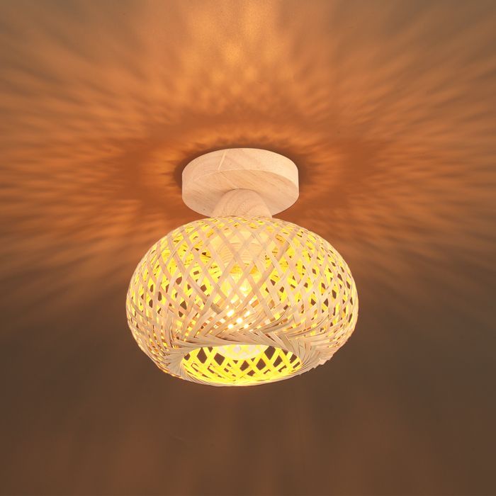 SNOGOLD Plafonnier Rétro en Bambou Cage Tissage Lustre Bohème Lampe de Plafond Vintage E27 Luminaire pour Chambre Restaurant