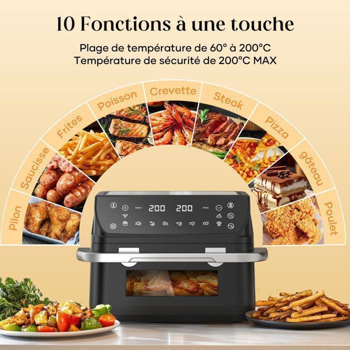 Friteuse sans Huile 12L - Panier Flexible - Écran LED - Cuisson 360° Sans Huile - 10 Programmes - Cavité métallique - Air fryer