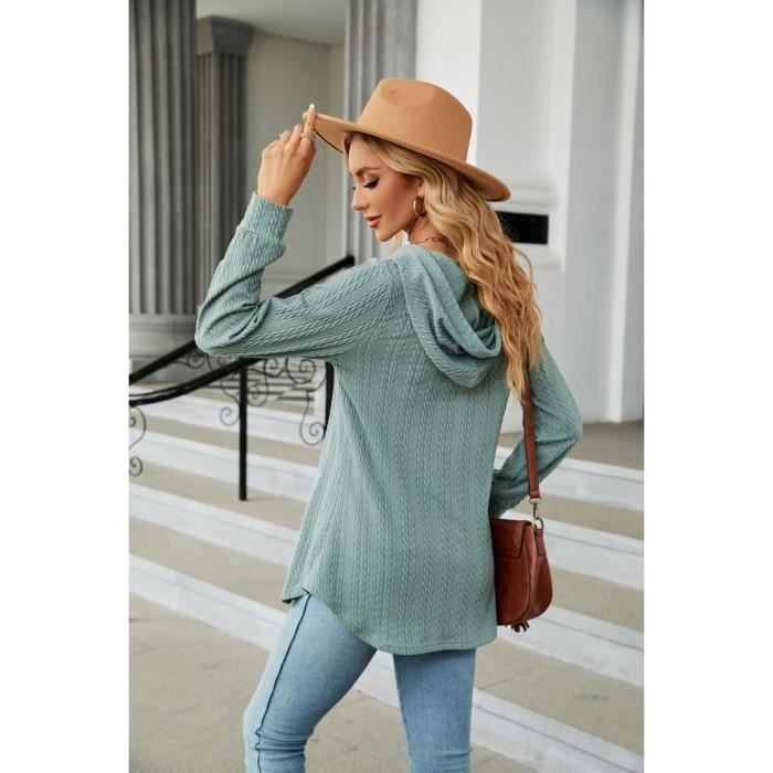 Sweat A Capuche Femme Automne Col V En Tricot - INSFITY - Vert fonce - Manches Longues - Col capuche