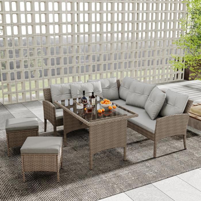 Set di mobili da giardino in rattan sintetico PE a 7 posti - 2 divani, 2 sgabelli e 1 tavolino - struttura in acciaio - grigio chiaro