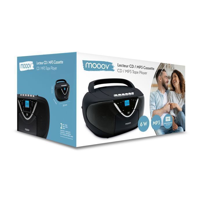 MOOOV 477131 Lecteur Cassette / CD et Radio FM - Fonction Enregistreur de K7 - Poste Cassette Audio Portable Ecran LCD - Noir