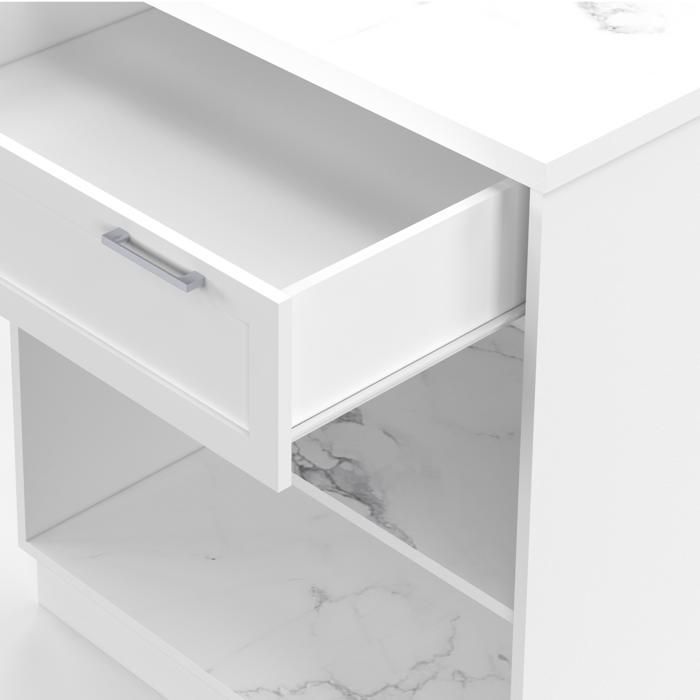 Isla de cocina alta IDMARKET VITO de 130 cm, color blanco, para 4 personas, con encimera de mármol ALASKA.
