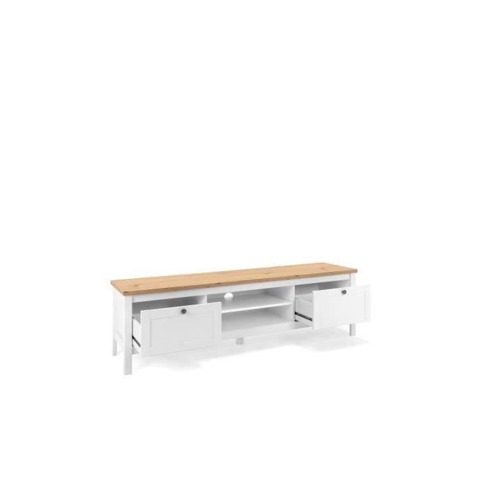 Mueble para TV con 2 cajones - Acabado en roble artesanal y blanco - 160 x 45 x 40 cm (ancho x profundidad x alto) - BERGEN