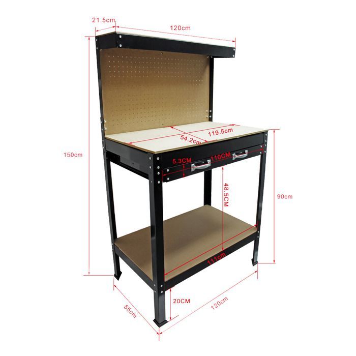 Workshop workbench 1200x550x1500mm Table Worktop Perforated panel Shelf Storage drawer