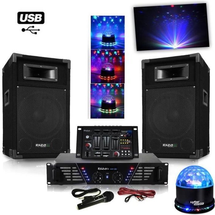PA-vahvistin + 500 W kaiuttimet + mikseri + SUNMAGIC LED RGB