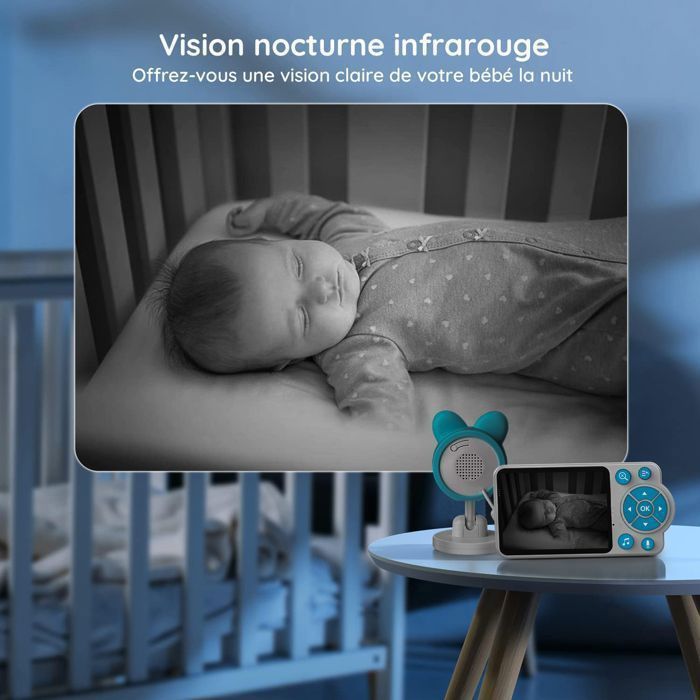 FOSMET Baby Monitor, 4X Zoom, 2.4GHz Two-Way Communication, Lullaby, Night Vision, VOX, Temperature Sensor, Blue