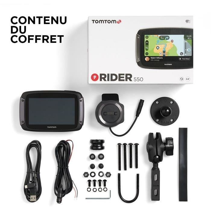 GPS para motocicleta TomTom RIDER 550: pantalla de 4,3 pulgadas, mapa mundial, información de tráfico TomTom, alertas de zonas peligrosas, llamadas manos libres.