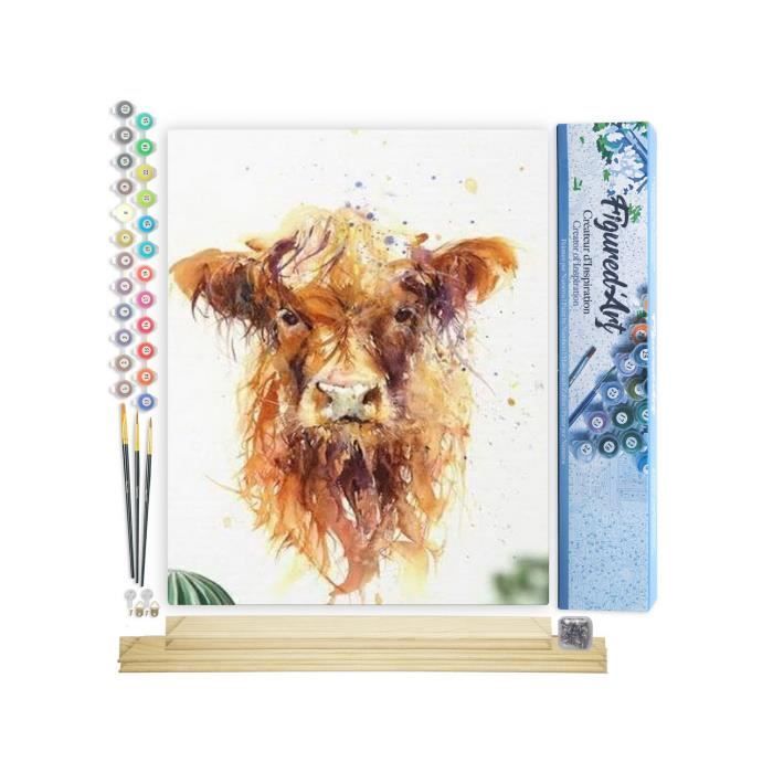 Figured'Art Pintura por números para adultos - Vaca marrón de pelo largo - Kit de arte por números para armar - 40x50cm con marco de madera (requiere montaje)