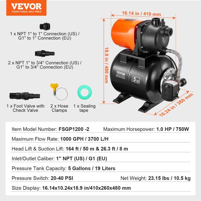 Bomba de refuerzo VEVOR-735 W - Bomba para pozos poco profundos con tanque de presión de 19 L, 3700 L/h - para césped y jardín