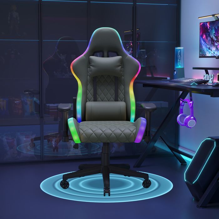 Gamingstoel, Gamingstoel, Draaibare gamingstoel, Massagefunctie en hoofdsteun, LED-verlichting, Verstelbare armleuningen, Zwart