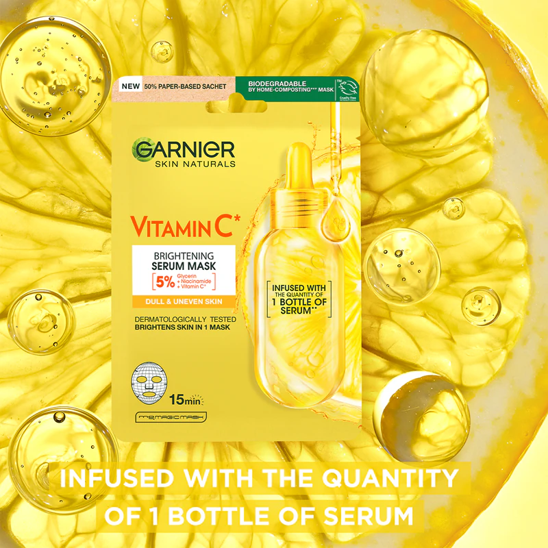 Máscara facial em tecido Garnier Skin Naturals com vitamina C para clareamento e hidratação.