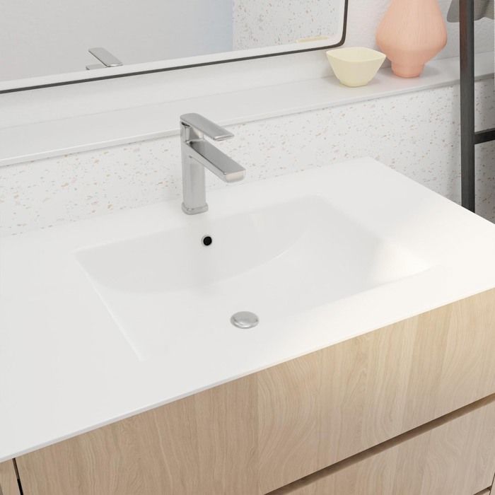 Mueble de baño XENOS de 80 cm en roble claro con 3 cajones y lavabo de cerámica.