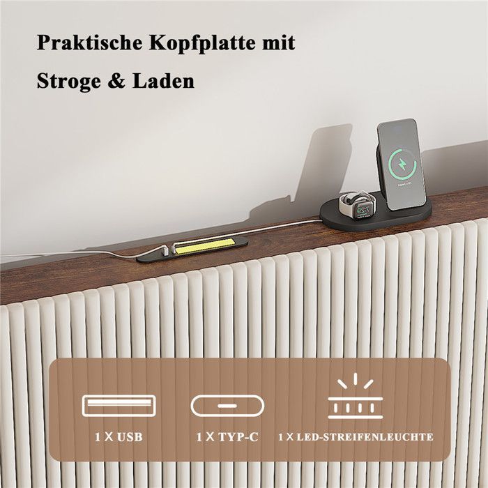 180x200 cm bed met LED- en USB-aansluiting, lattenbodem, beige fluwelen gestoffeerd bed met opbergruimte in het hoofdeinde, kingsize tweepersoonsbed met poten.