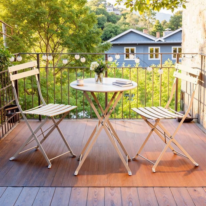 Ensemble Mobilier de Jardin Pliable, 3 Pièces, Acier Résistant, Table et Chaises, Terrasse, Balcon, Beige