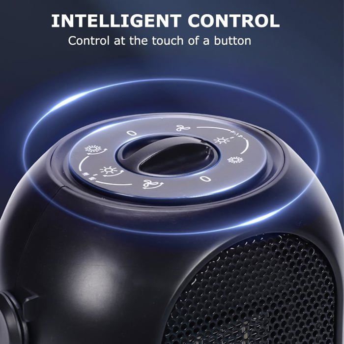 Calefactor eléctrico portátil de 1200 W, ideal para habitaciones pequeñas, con rotación de 70° y protección contra sobrecalentamiento.