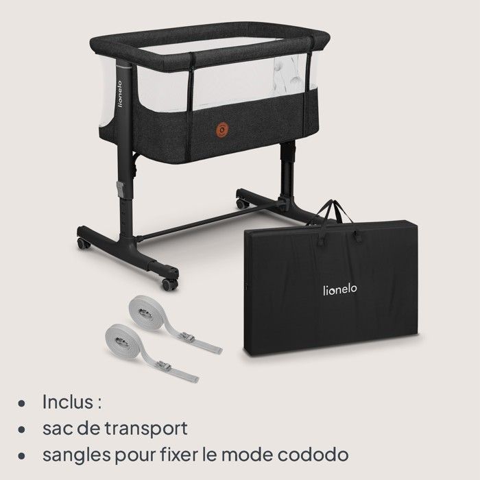 Lit bébé cododo LIONELO Aurora 3en1 - Réglage de la Hauteur et de l’Inclinaison - Jusqu'à 9 kg - Gris foncé