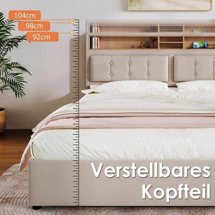 LINKHOO lit rembourré double, avec prise USB C Fonction de charge Tête de lit, avec sommier à lattes(sans matelas), 140x200, beige